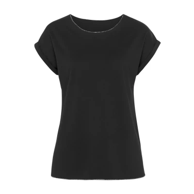 Abbildung von LASCANA Rundhalsshirt »mit eleganten Glitzerabschlüssen«, aus pflegeleichter Qualität
