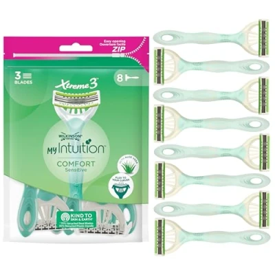 Abbildung von Wilkinson Sword MyIntuition Comfort Sensitive Xtreme 3 Einwegrasierer Rasierer mit flexiblen Klingen für Frauen Gleitstreifen Aloe und Jojoba Packung 8 Stück