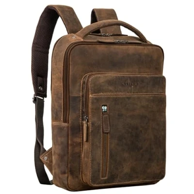 Abbildung von STILORD &#039;Tory&#039; Leder Rucksack Groß Herren Damen Business Vintage Laptoprucksack 13 14 Zoll Handgepäck Reiserucksack Travel Backpack Echtleder, Farbe:bergamo braun