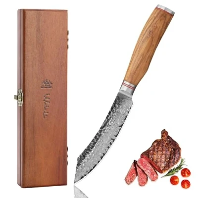 Abbildung von Wakoli Olive HS Damastmesser Steakmesser I 12,5 cm Klinge gefertigt aus 67 Lagen echtem Damaststahl mit edlem Olivenholzgriff und Hammerschlag Premium in exklusiver Holzbox