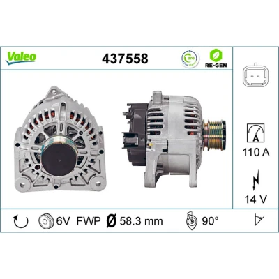 Abbildung von VALEO 437558 Lichtmaschine 14V 110A RENAULT: Kangoo I, SCENIC 2, MEGANE 2 Coupe Cabriolet, DACIA: Duster Off Road, Logan I MCV, Pickup