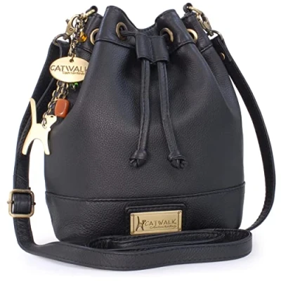 Abbildung von Catwalk Collection Handbags Damen Leder Umhängetasche Mittelgroß Beuteltasche/Handtasche Verstellbarer Schultergurt ROCHELLE Schwarz