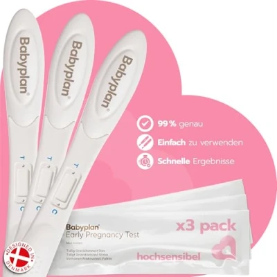 Abbildung von 3 x Schwangerschaftstest Frühtest Babyplan (HCG test), Hygienischer 10 miu ml (hochempfindlich) für Babyplanung (99,6% Genauigkeit) Sehr langer, breiter und leicht verwendbarer…