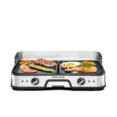 Abbildung von ROMMELSBACHER Tischgrill BBQ 2025, 2 Wende Grillplatten (geriffelt und glatt), getrennt regelbar, keramische Antihaftbeschichtung (PFAS frei), Temperaturen bis 230 C, m Kabel, 2000 W