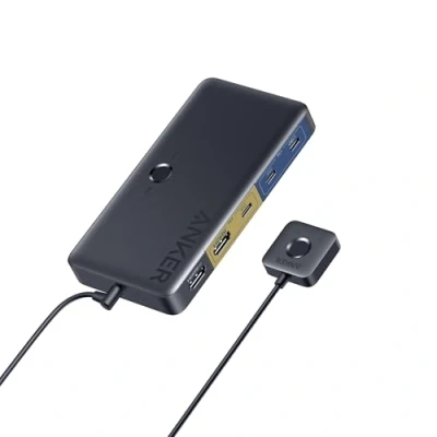 Abbildung von Anker USB 3.0 HDMI KVM Switch, 5 Ports, unterstützt 4K@60Hz, magnetische Knopfsteuerung, Ein Klick Umschaltung Laptop und Desktop, Für Dell, MacBook, iPad (Mit Kabel)
