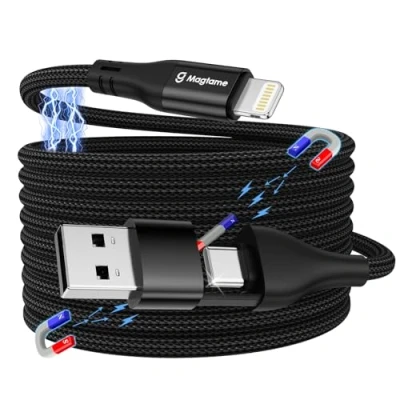 Abbildung von Magtame Magnetic Coiled Light_ning Kabel 2 in 1, Multi Ladekabel, 1M USB A/C zu Schnelles Laden PD 30W, geflochtenes MFi zertifiziert Kompatibel mit Phone 14 Pro 13 12 11 XR XS