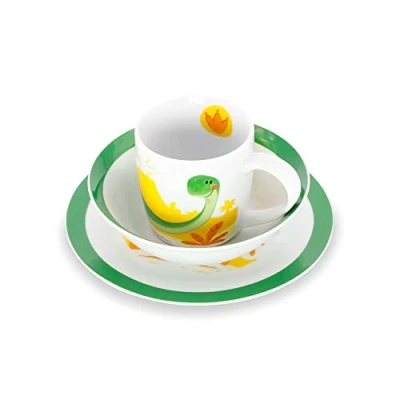 Abbildung von GREENBOX Porzellan Kinder Geschirrset I Frühstücksset 3 teilig spülmaschinenfest weißes Tasse Teller Schüssel Set mit Motiv Geschenkideen für lustiges Kindergeschirr Dino Bild