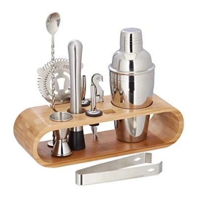 Abbildung von Relaxdays 9 teiliges Cocktail Set, Profi Barkeeper Set m. Ständer, Shaker, Barmaß, Ausgießer, Eiszange, Edelstahl, natur