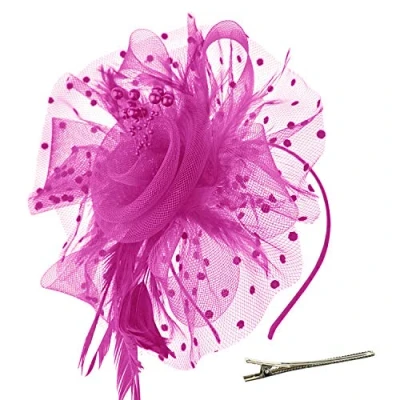 Abbildung von DRESHOW Fascinators Hut Blume Mesh Bänder Federn auf Einem Stirnband und Geteilten Clip Cocktail Tea Party Headwear für Mädchen Damen