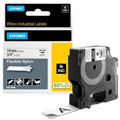 Abbildung von DYMO Rhino Industrie Nylonetiketten flexibel 19 mm x 3,5 m schwarze Schrift auf weißem Untergrund selbstklebendes Schriftband