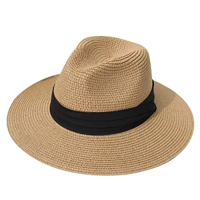 Abbildung von DRESHOW Damen Panama Hut Breiter Krempe Stroh Sommer Fedora Strohhut Aufrollen Strand Rollbar UV Sonnenhut UPF 50 +