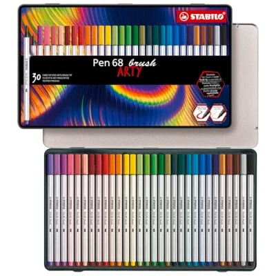 Abbildung von Premium Filzstift mit Pinselspitze für variable Strichstärken STABILO Pen 68 brush ARTY 30er Metalletui 30 verschiedenen Farben