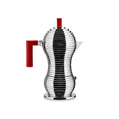 Abbildung von Alessi MDL02/6 R Pulcina Espressomaschine Gußaluminium. Griff und Knopf aus PA, rot. 6 Tassen, 7.5 x 14.5 26 cm