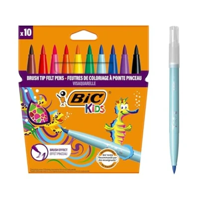 Abbildung von BIC Kids Filzstifte Visaquarelle, Fasermaler zum Malen in 10 auswaschbaren Farben, mit flexibler Pinselspitze, im Karton Etui, Austrocknungsschutz