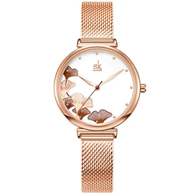 Abbildung von Alienwork Armbanduhr Damen Roségold Metall Mesh Armband Edelstahl Weiss Elegant