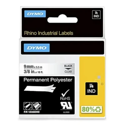 Abbildung von Dymo Rhino Band Industrie Polyesteretiketten, 9 mm x 5.5 m, schwarz/transparent