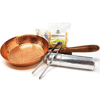 Abbildung von myZirbe Räucherpfanne Set 5 teilig Kupfer Räuchergefäß zum Räuchern von Weihrauch, Harzen, inkl. Räucherkohle, Räuchersand, Räucherzange
