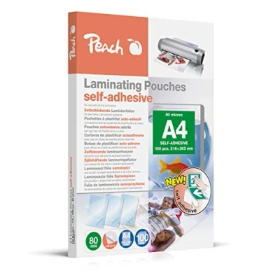Abbildung von Peach Laminierfolien A4 80 mic 100 pouches selbstklebende Rückseite geeignet für selfmade Bilder oder Schilder etc. alle Laminiergeräte S PP080 17