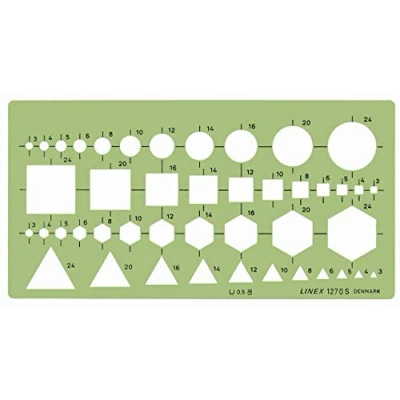 Abbildung von Linex 1270S Kombinationsschablone, mit Kreisen, Quadraten, Sechsecken und Dreiecken von 3 24 mm, 195 x 100 mm