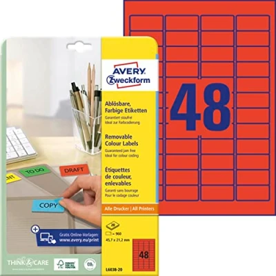 Abbildung von AVERY Zweckform L6038 20 Rote Etiketten (960 Aufkleber, 45,7x21,2mm auf A4, wieder rückstandsfrei ablösbar, selbstklebende Farbetiketten, Papier matt, bedruckbare, farbige Klebeetiketten) Blatt