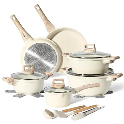 Abbildung von JUST PERFECTO Topf und Pfannenset induktion mit deckel Induktions Töpfe set pfannen ohne PTFE PFOA Kochtopfset (15 Teilig Beige)