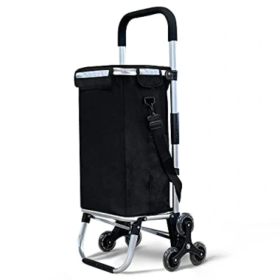 Abbildung von VOUNOT Aluminium Einkaufstrolley Treppensteiger, Trolly Einkaufswagen Klappbar, Hackenporsche mit 6 Räder und Kühlfach, Wasserdicht, 50L, Schwarz