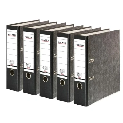 Abbildung von Original Falken 5er Pack Recycling Ordner Wolkenmarmor. Made in Germany. 8 cm breit DIN A4 schwarzer Rücken Ringordner Aktenordner Briefordner Büroordner Pappordner CO2 Neutral Blauer Engel