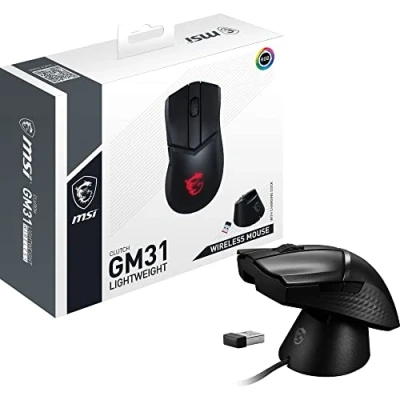 Abbildung von MSI Clutch GM31 Lightweight Wireless Gaming Mouse 12.000 DPI Optischer Sensor, Rechtshänder, 60M+ Click OMRON Schalter, 6 Tasten, 110Std Akku, Ladestation, 1ms Latenz, RGB, 73g Kabellos/ gebunden