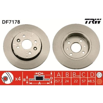 Abbildung von TRW DF7178 Bremsscheibe 258 24 4 100 Belüftet lackiert KIA: Cerato Saloon