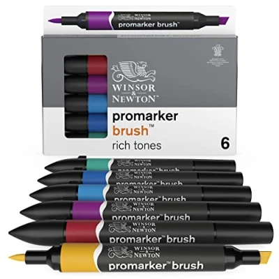 Abbildung von Winsor &amp; Newton 0290126 ProMarker Brush für Zeichnungen, Kalligraphie, Design und Layouts, streifenfreies Zeichnen mit Keil Pinselspitze) 6 Farben Set Reiche Töne