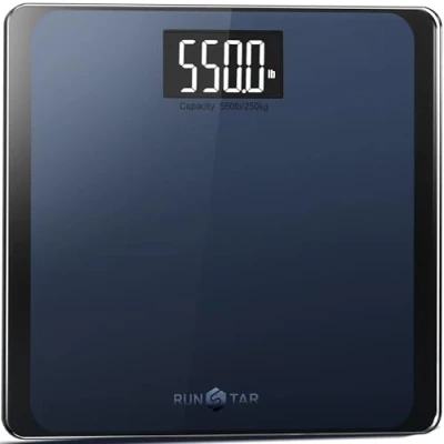 Abbildung von RunSTAR BG1911 Digitale Personenwaage, hochpräzise Sensoren, 8 mm Sicherheitsglas, Tragkraft bis 250 kg, mit extragroßer Trittfläche und großem LCD Display, Step on Technologie, blau schwarz