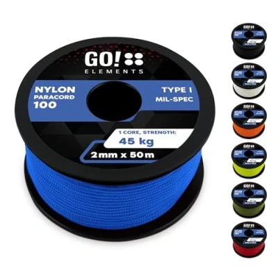 Abbildung von GO!elements 50m Paracord 2mm Seil aus reißfester Nylonschnur 100 Typ I Survival Schnur Reißfest bis 45kg Allzweckseil, Reepschnur, Kordel, Maurerschnur, Farbe: Blau