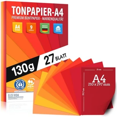 Abbildung von Tonpapier Rot Rubin Feuer Farben 27 Stück Purpur A4 130g Blätter Bastel Bogen Orange dicker als Tonkarton, Pappe zum Basteln, Zeichenkarton BLAUER ENGEL &amp; PEFC zertifiziert MADE IN GERMANY
