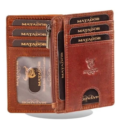 Abbildung von MATADOR Ultra Slim Wallet Montreal mit großem Reißverschlussfach Dünnes Flaches Leder Portemonnaie für Damen &amp; Herren RFID Schutz Kreditkartenetui inkl. Geschenk Box Vintage Braun
