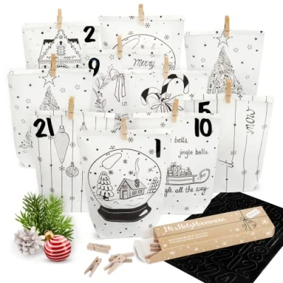 Abbildung von Amari ® Adventskalender zum Befüllen 24 Papier Adventstüten (mit Holzklammern) Basteln für Weihnachten Weihnachtstüten mit Zahlenaufkleber