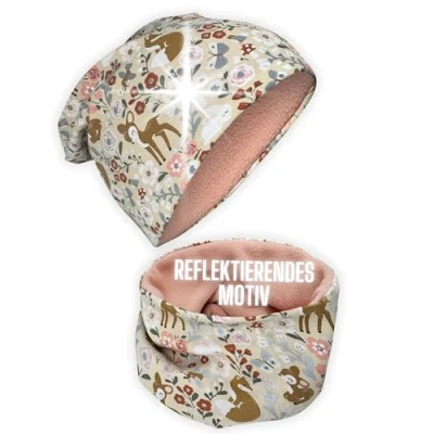 Abbildung von HECKBO 360 Reflektor Kinder Mütze &amp; Loop Schal Set Waldtiere Vlies Innen Winter 2 6 Jahre 95% Baumwolle weiches pflegeleichtes Stretch Material