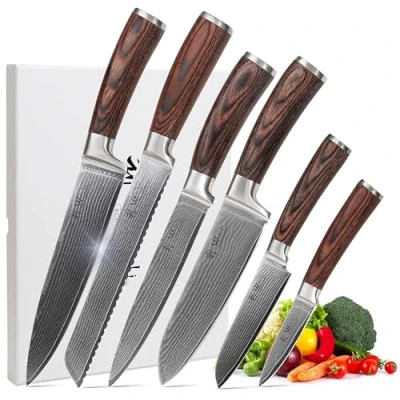 Abbildung von Wakoli EDIB 6er Damastmesser Set mit 8 20,5cm Klingen gefertigt aus 67 Lagen echtem Damaststahl Pakkaholzgriff I Premium Damast Küchenmesserset &amp; Profi Kochmesser