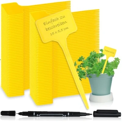 Abbildung von com four® 100x Pflanzschilder mit Dual Tip Marker Steck Etiketten für Balkon, Garten Pflanzenstecker zum Beschriften Anzuchtstecker Beete und Pflanzkübel 15 cm (100 Stück gelb 15cm)