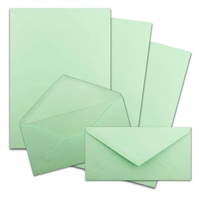 Abbildung von 50x Briefpapier Set DIN A4 mit Lang Briefumschlägen, Nassklebung Mint Grün mattes Schreibpapier Kuverts FarbenFroh by GUSTAV NEUSER