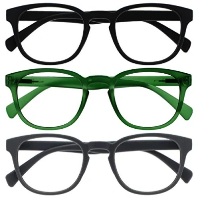 Abbildung von OPULIZE Pop Lesebrille 3er Pack Keck Rund Matt Rahmen Federscharniere Kratzfest Schwarz Grün Grau Herren Damen RRR2 167 +2.50