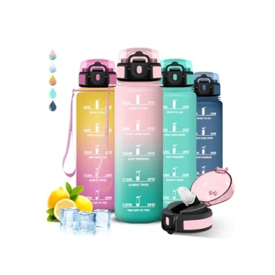 Abbildung von Trinkflasche, Trinkflasche 1l, mit Strohhalm, Auslaufsicher, Sport, Motivierendem Slogan, Zeitmarkierung, Wasserflasche für Camping, Läuft, Wandern, Yoga
