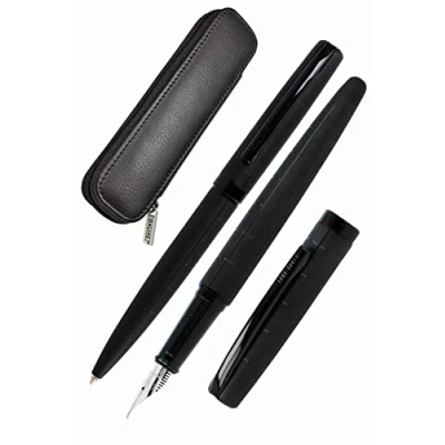 Abbildung von ONLINE Schreib Set Eleganza I enthält Kugelschreiber, Füllhalter, Echt Lederetui Black 3 teilig in hochwertiger Geschenkbox Füller für Standardpatronen, 1 Stück (1er Pack)