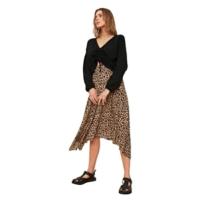 Abbildung von Trendyol Damen Asymmetrischer Gemusterter Midi gestrickter Rock Skirt, Brown, XL EU