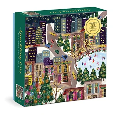 Abbildung von Galison Mudpuppy 9780735376410 Sparkling City 1000 teiliges Folienpuzzle mit Illustrationen von bunten Merriments in der Stadt Goldfolienakzenten, Mehrfarbig