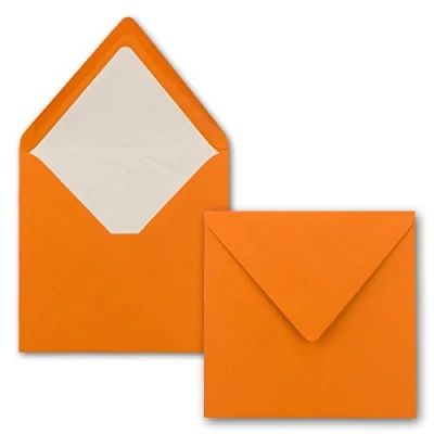 Abbildung von 25x Briefumschläge Quadratisch 16 x cm Orange Umschläge mit weißem Seidenfutter Kuverts ohne Fenster &amp; Nassklebung Für Einladungskarten zu Hochzeit und Geburtstag