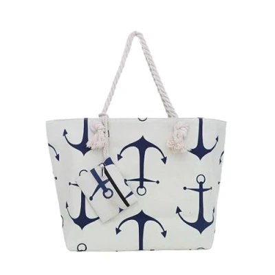 Abbildung von DonDon Strandtasche XXL Familie Badetasche Damen mit Reißverschluss Beach bag groß Anker beige blau