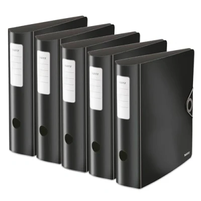 Abbildung von Leitz Qualitäts Ordner 180 Active Solid, 5er Pack, A4, breit, Abgerundeter Rücken, 8,2 cm Gummibandverschluss, Leichtes Polyfoam, Plastik Ordner, Schwarz, 10471095
