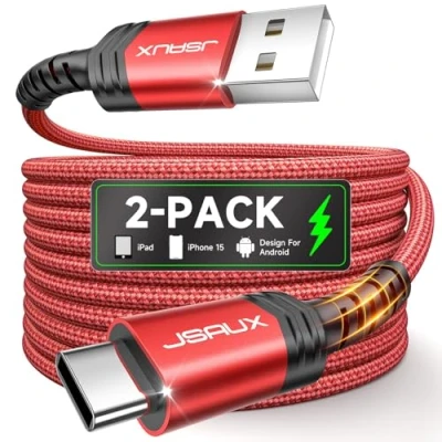 Abbildung von JSAUX USB C Kabel [2 Pack 1M+2M] Typ Ladekabel Kompatibel mit iPhone 16 15 Pro Max Plus, Samsung Galaxy S24 S23 S22 S21 Note 10 9 8, A14 A15 A25 A35 A53 A55, PS5 Controller, CarPlay (Rot)