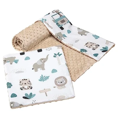 Abbildung von Medi Partners Babydecke Krabbeldecke mit Kissen 100% Baumwolle Minky Kinderdecke groß zweiseitig 75x100 + 35x30cm multifunktional für Bett Kinderwagen (Mint Zoo beigem Minky)