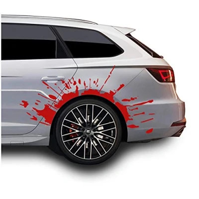 Abbildung von Finest Folia Set Blutspritzer für Radlauf Auto Radkasten Blutige Aufkleber Blut Spritzer Autoaufkleber Blutspuren Folie Horror Fun Sticker KX025 KX066 (Rot, 2er Blutspritzer)